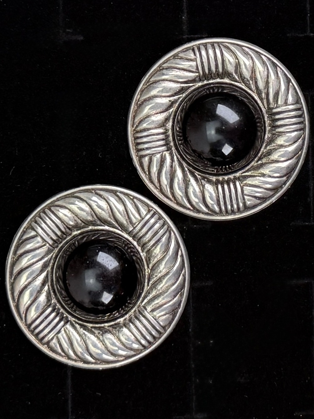 Vintage Silvertone Black Round Pierced Earrings